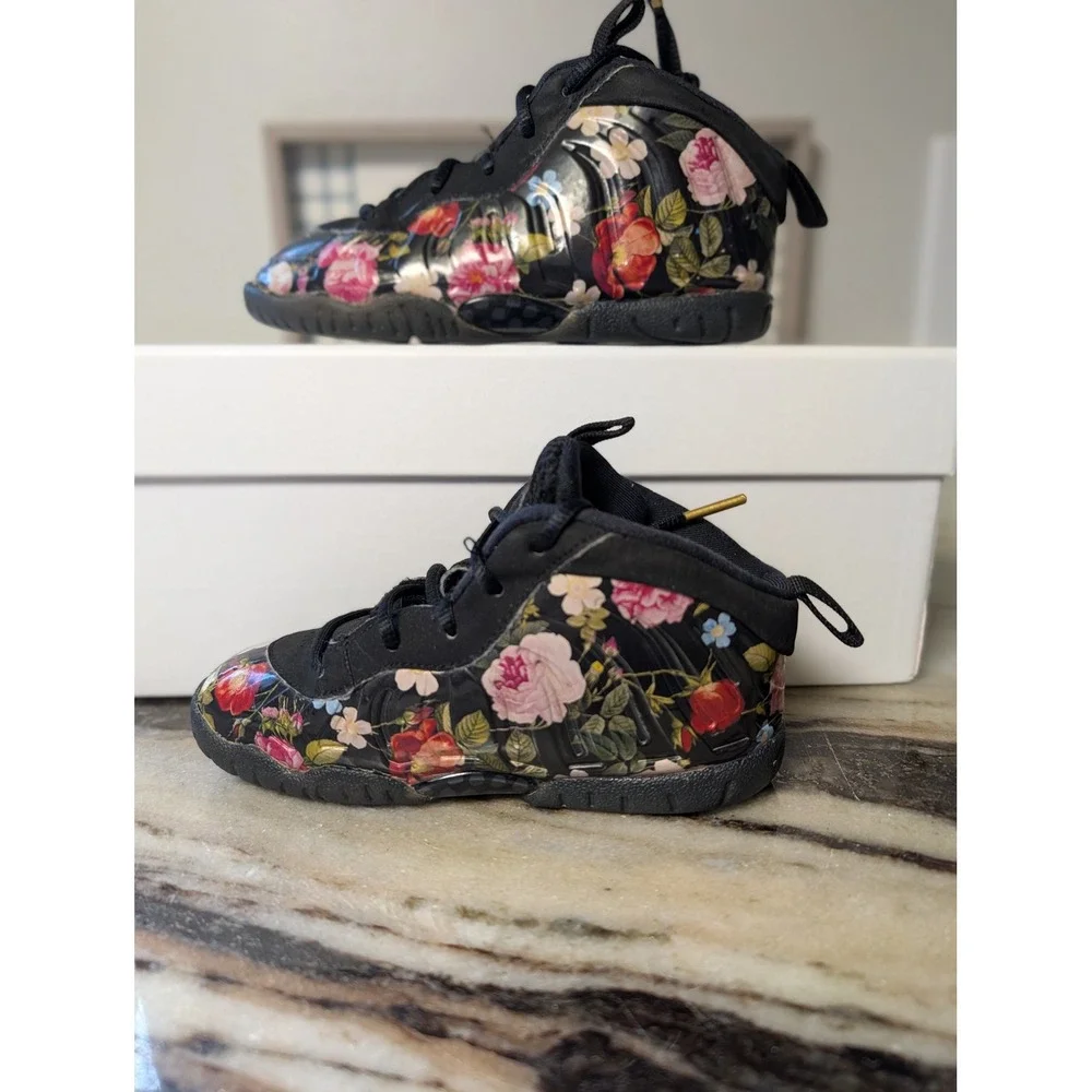 Nike Little Posite One Floral Black University Red AT8250-001 Kids Size 10C
